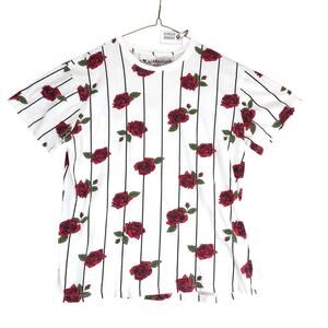 Knickerbocker Striped Red Roses T-Shirt Women's L Short Sleeves Whimsigoth Artsy